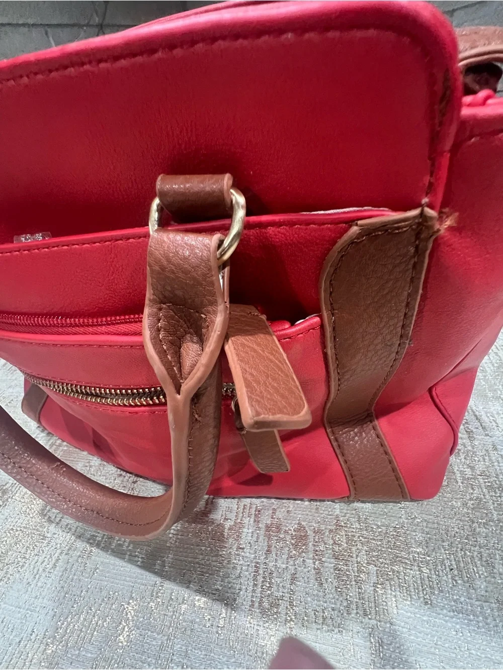 Red Women's Satchel Handbag with Brown Trim